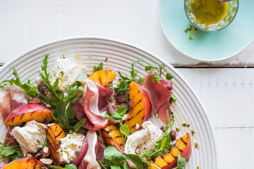 Char Grilled Peach, Prosciutto, mozzarella and basil salad recipie