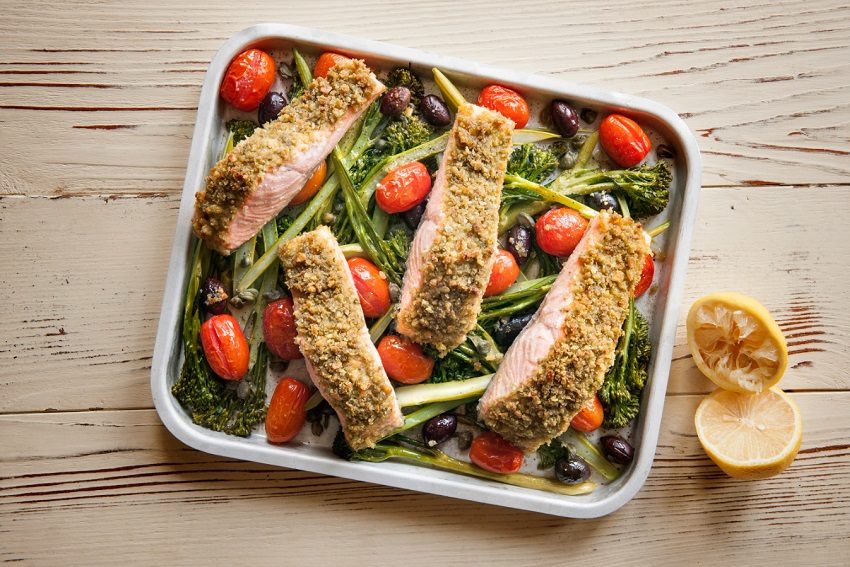 Pesto Salmon with Roasted Tomatoes and Broccolini Recipe