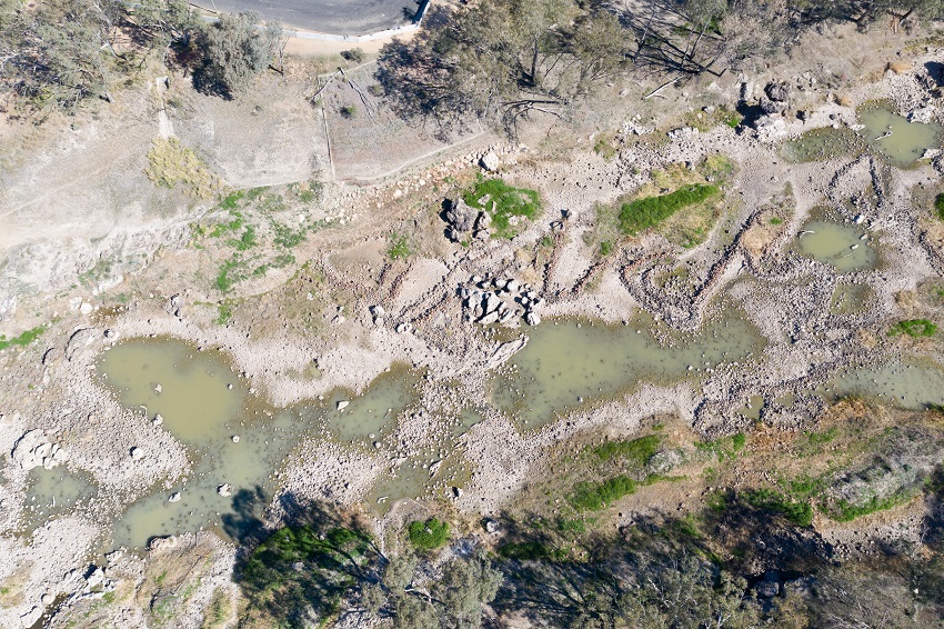 Aerial view of heritage-listed Brewarrina fish traps, cited by Pascoe in Dark Emu