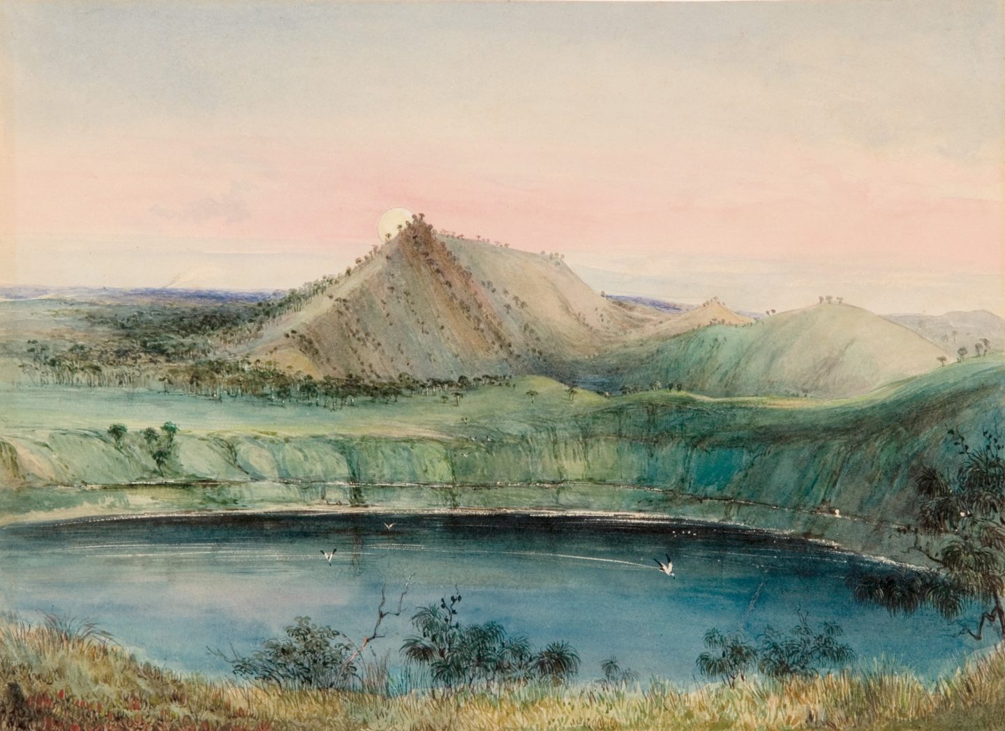 George French Angas, Australia, 1822 – 1886, Blue Lake, Mount Gambier, 1844, Adelaide, watercolour on paper; Gift of Douglas and Barbara Mullins through the Art Gallery of South Australia Foundation to commemorate the Gallery’s 130th anniversary 2011. Donated through the Australian Government’s Cultural Gifts Program, Art Gallery of South Australia, Adelaide