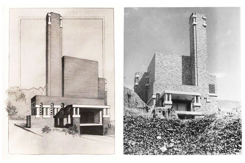 Walter Burley Griffin's original design of the Thebarton Reverberatory Incinerator, and the incinerator upon completion in 1937