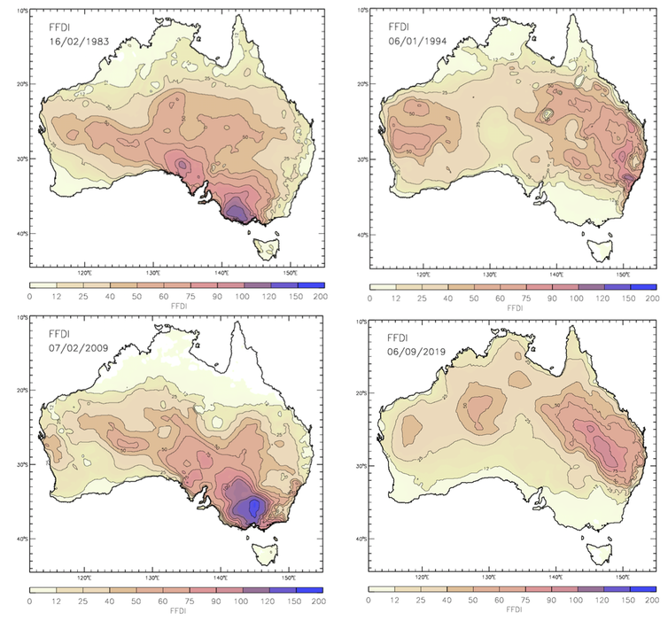 Comparison of historical bushfires using the Forest Fire Danger Index for February 16, 1983 (Ash Wednesday, top left), January 6, 1994 (Sydney fires, top right), February 7, 2009 (Black Saturday, bottom left), and September 6, 2019 (bottom right)