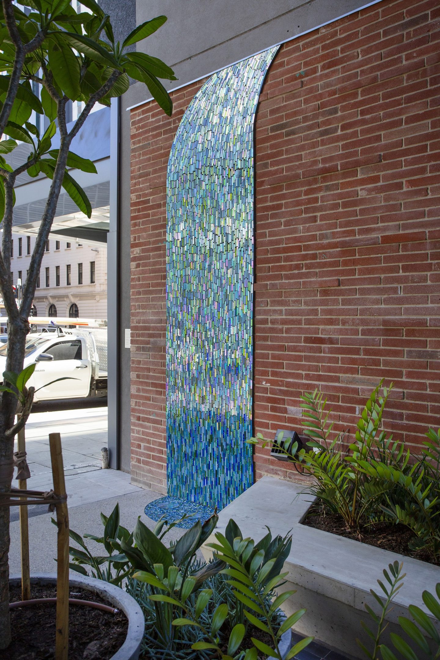Aurelia Carbone, Welcome Waterfall, part of City Sanctuary, 2019. Made in collaboration with Violet Cooper. Commissioned by Uniting Communities with support from Guildhouse