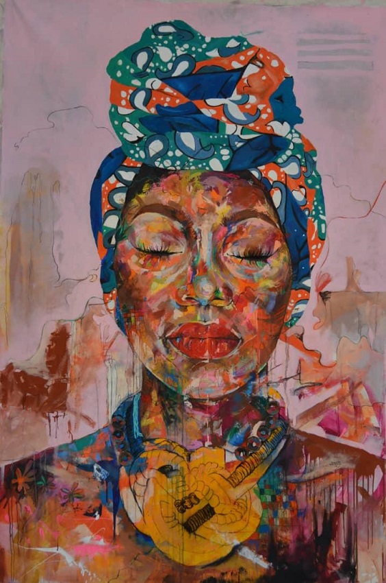 Mwamba Chikwemba, Chitambala, 2018, acrylic and pastels on canvas, 168 x 240cm