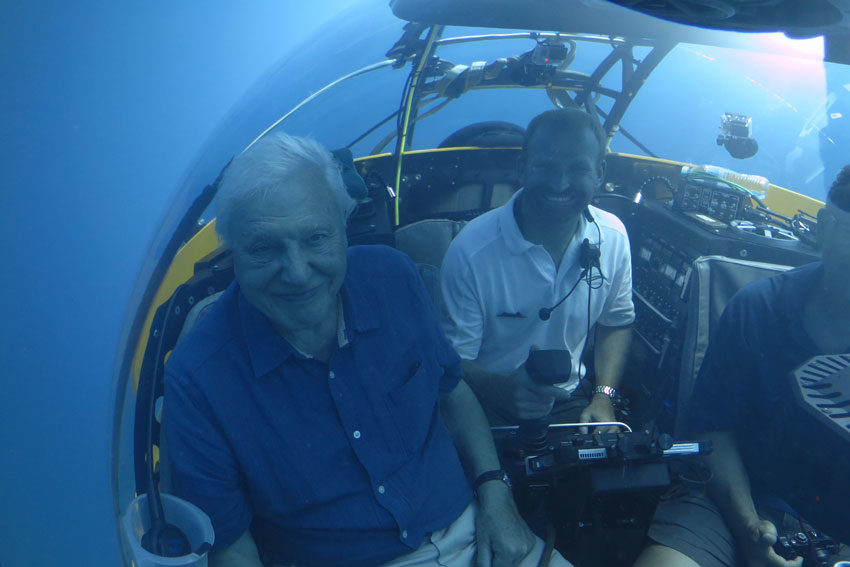 David Attenborough being filmed in the Triton Submersible (Photo: Atlantic Productions)