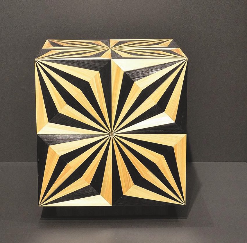 Arthur Seigneur (France-Australia, b.1990), Straw marquetry stool (black and gold), 2018, Sydney, rye straw; On loan from the artist and Sally Dan-Cuthbert Art & Design