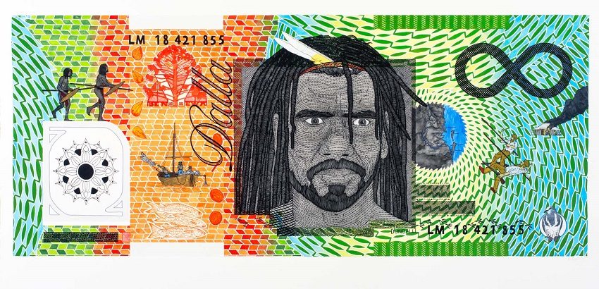Ryan Presley, Marri Ngarr people, Northern Territory, born 1987, Alice Springs, Northern Territory, Blood Money – Infinite Dollar Note – Dundalli, Commemorative, 2018, Brisbane, watercolour on paper; Collection of Bernard Shafer, Image courtesy the artist and the Museum of Contemporary Art Australia, © Ryan Presley, photo: Carl Warner.