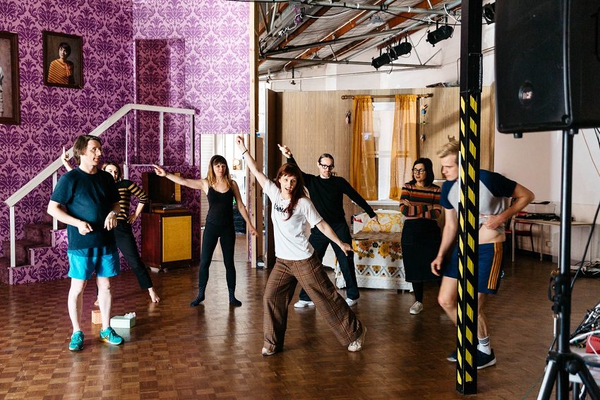 Movement consultant Gabrielle Nankivell works through disco choreography with Myers and the 2019 cast (Photo: Sia Duff)